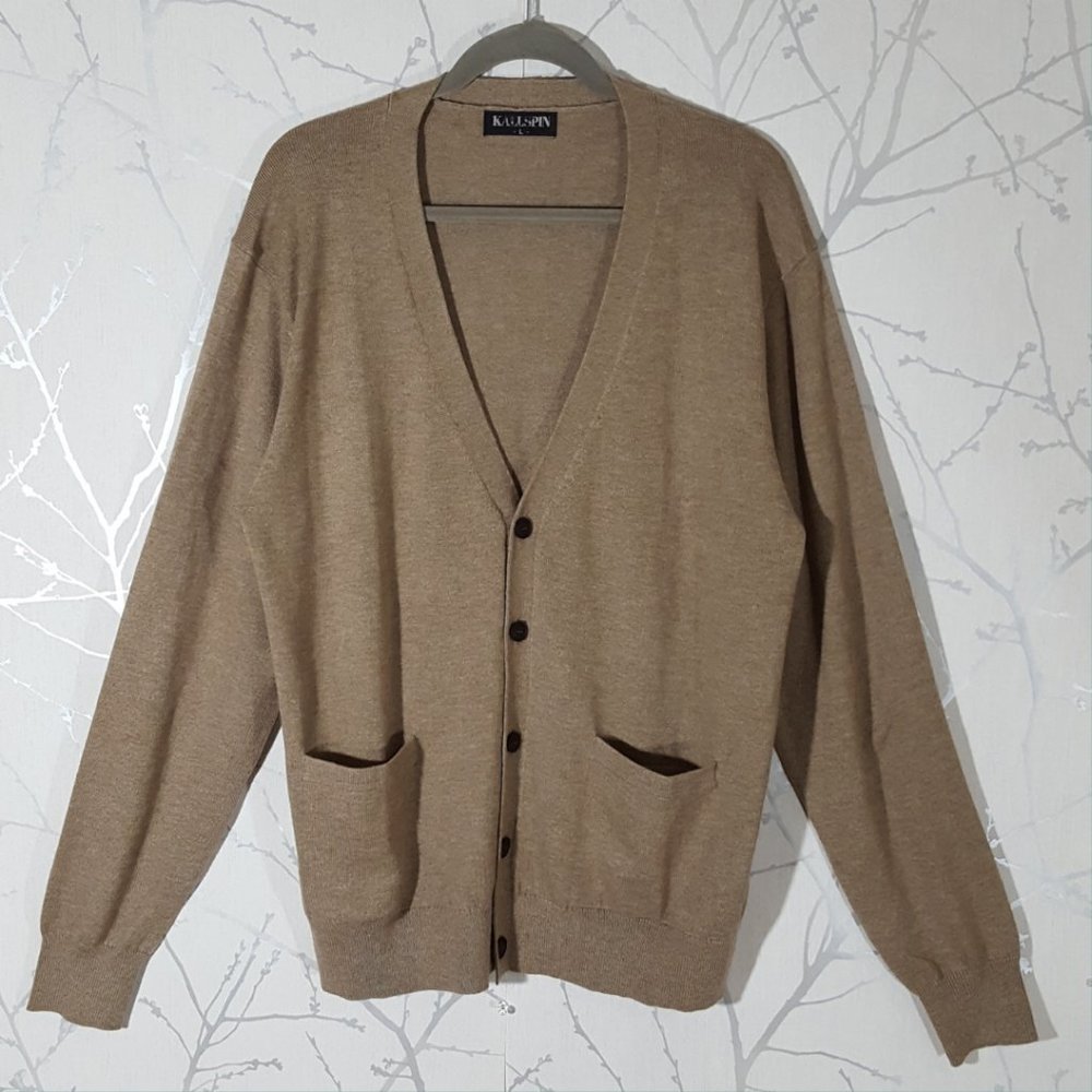 Kallspin Beige Wool Cashmere Blend Button Front Cardigan